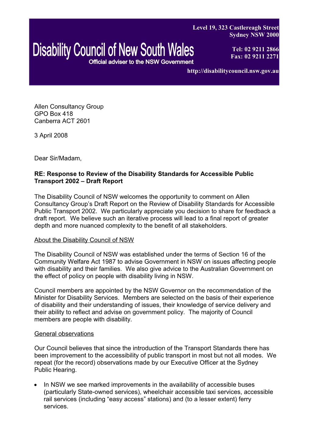 RE: Response to Review of the Disability Standards for Accessible Public Transport 2002