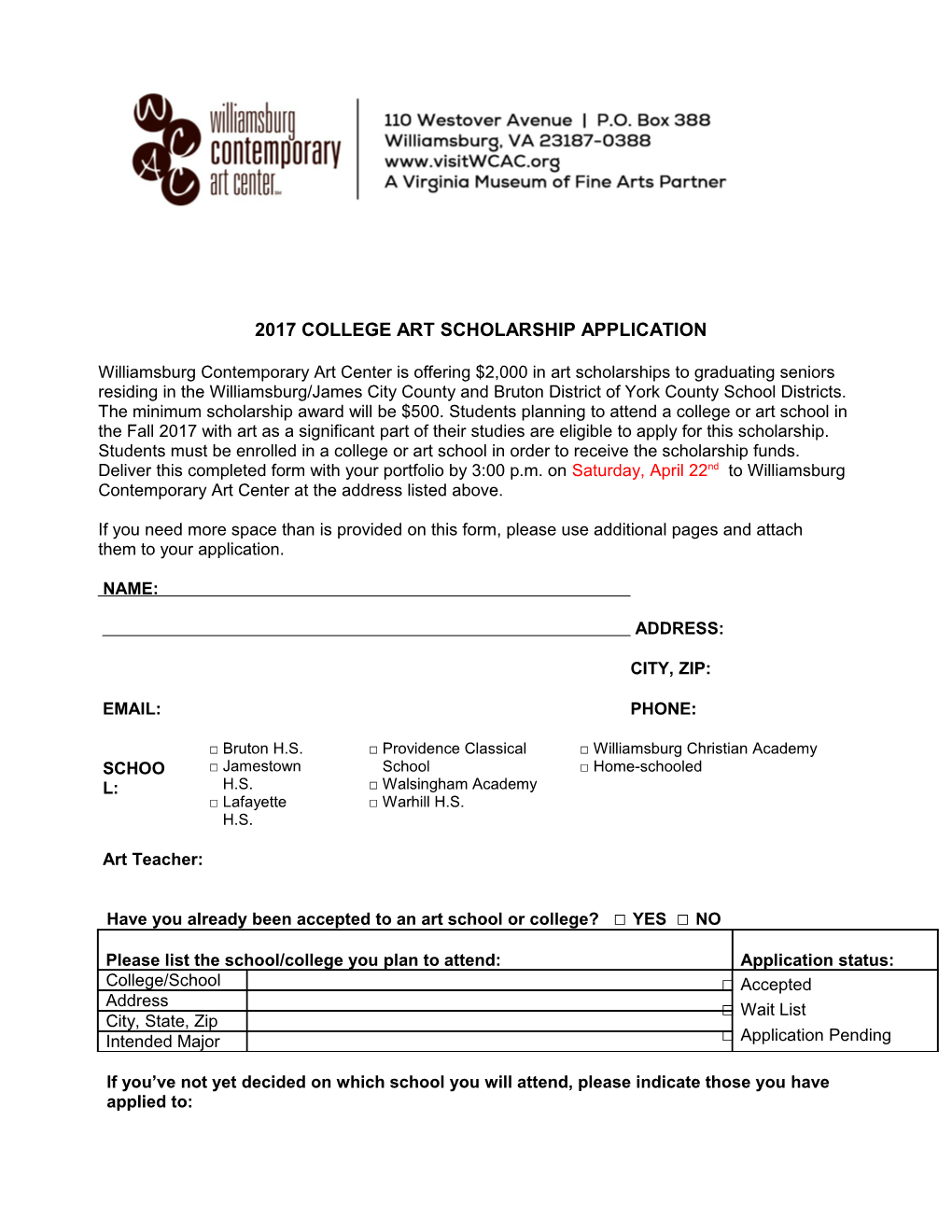 2017College Art Scholarship Application