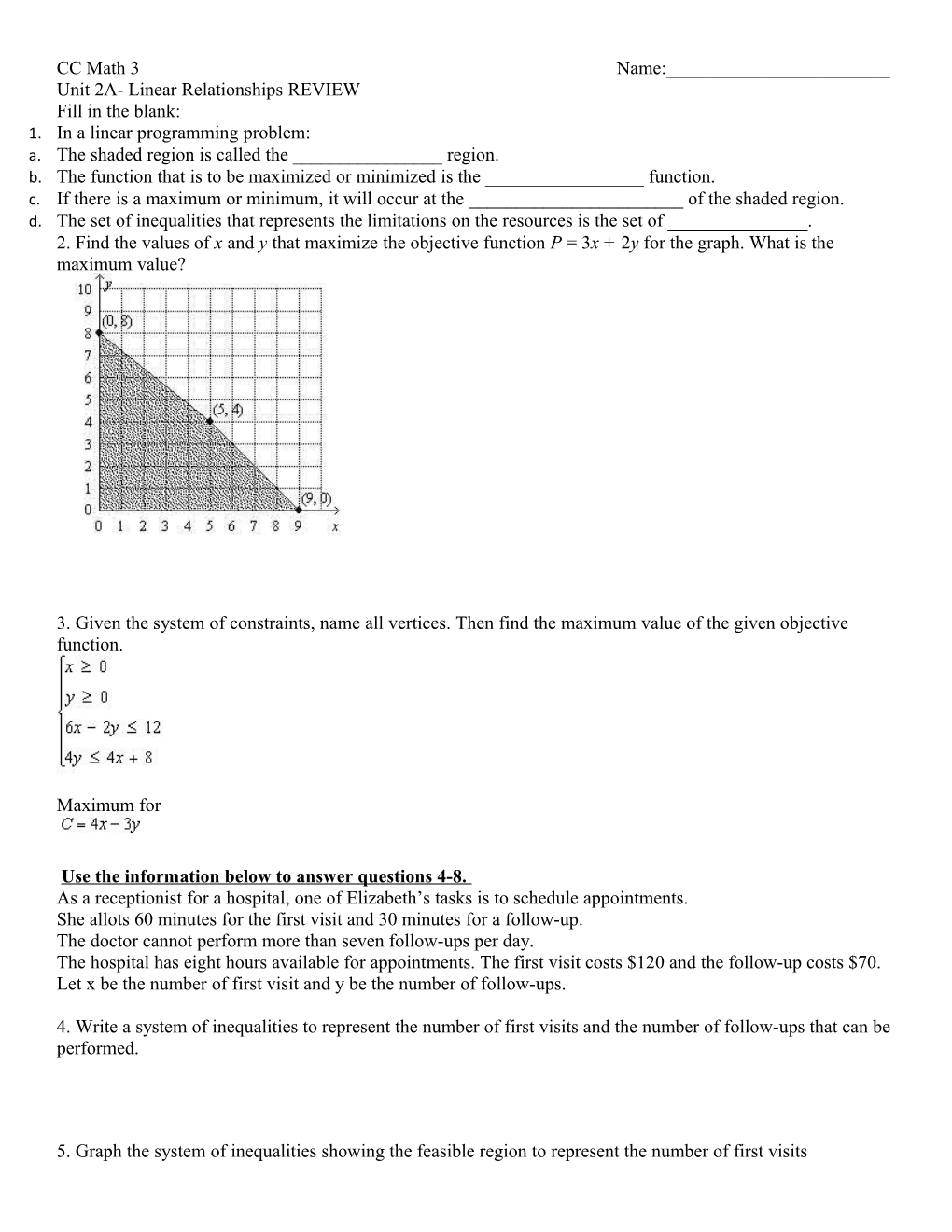 Unit 2A- Linear Relationships REVIEW