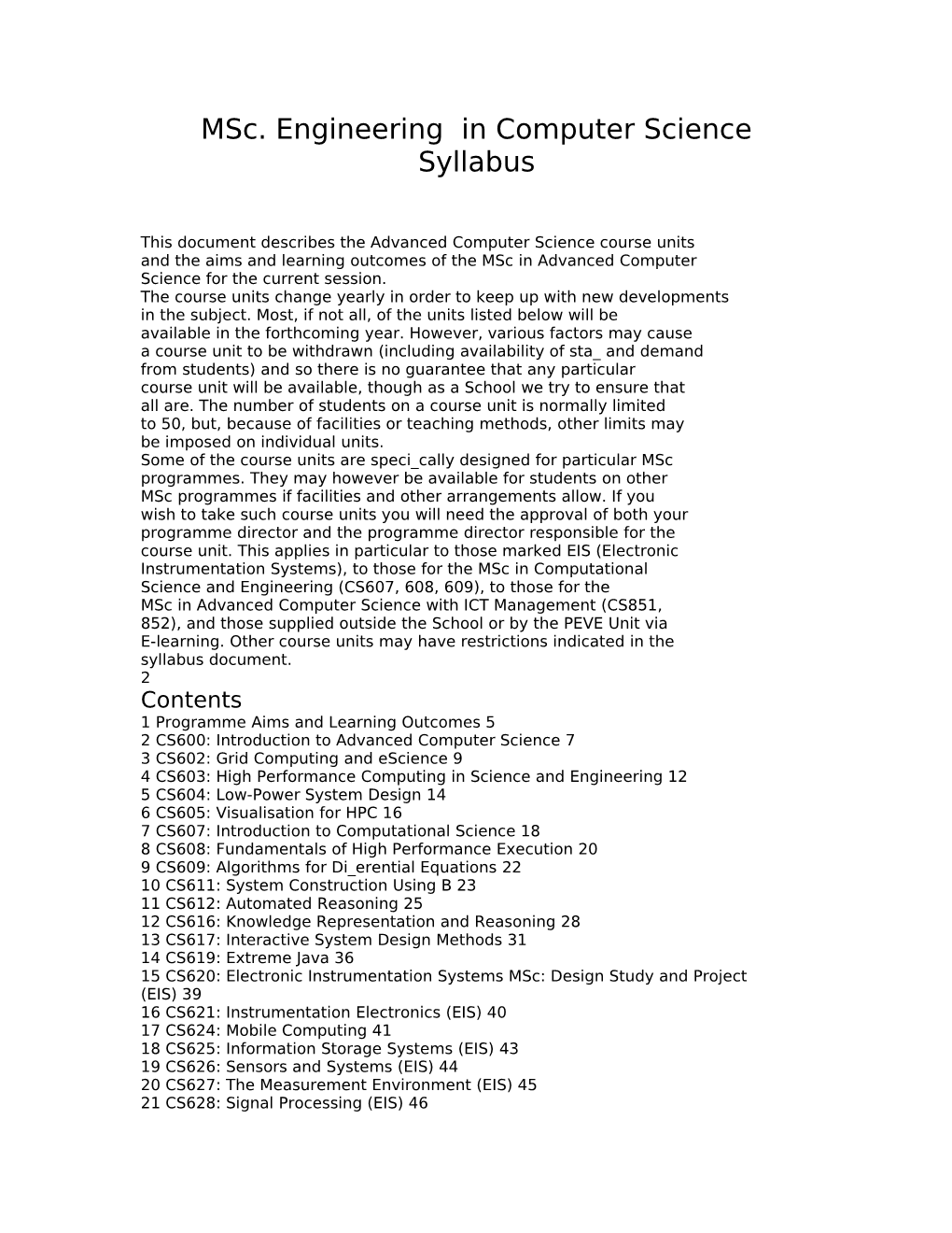 Msc. Engineering in Computer Science Syllabus