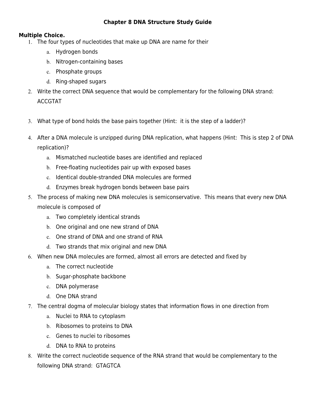 Chapter 8 DNA Structure Study Guide