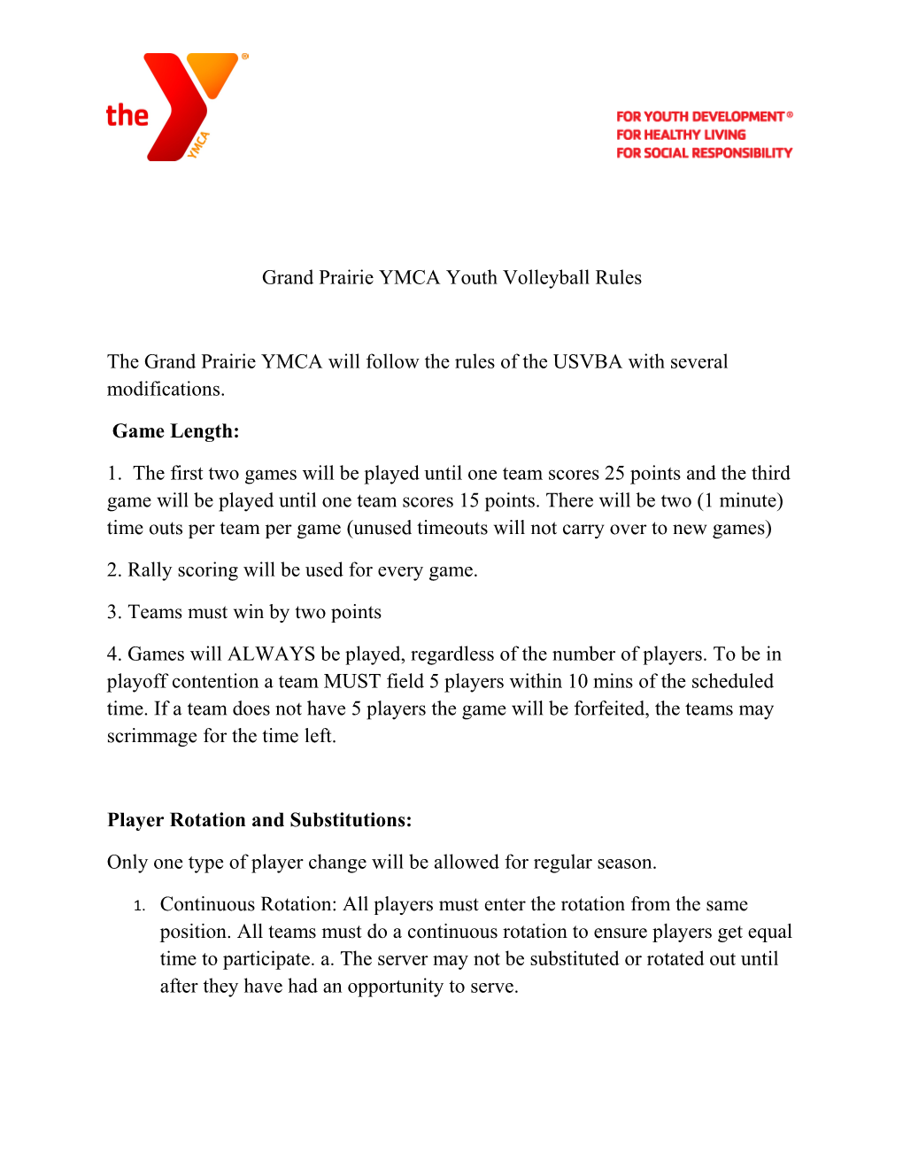 Grand Prairie YMCA Youth Volleyball Rules