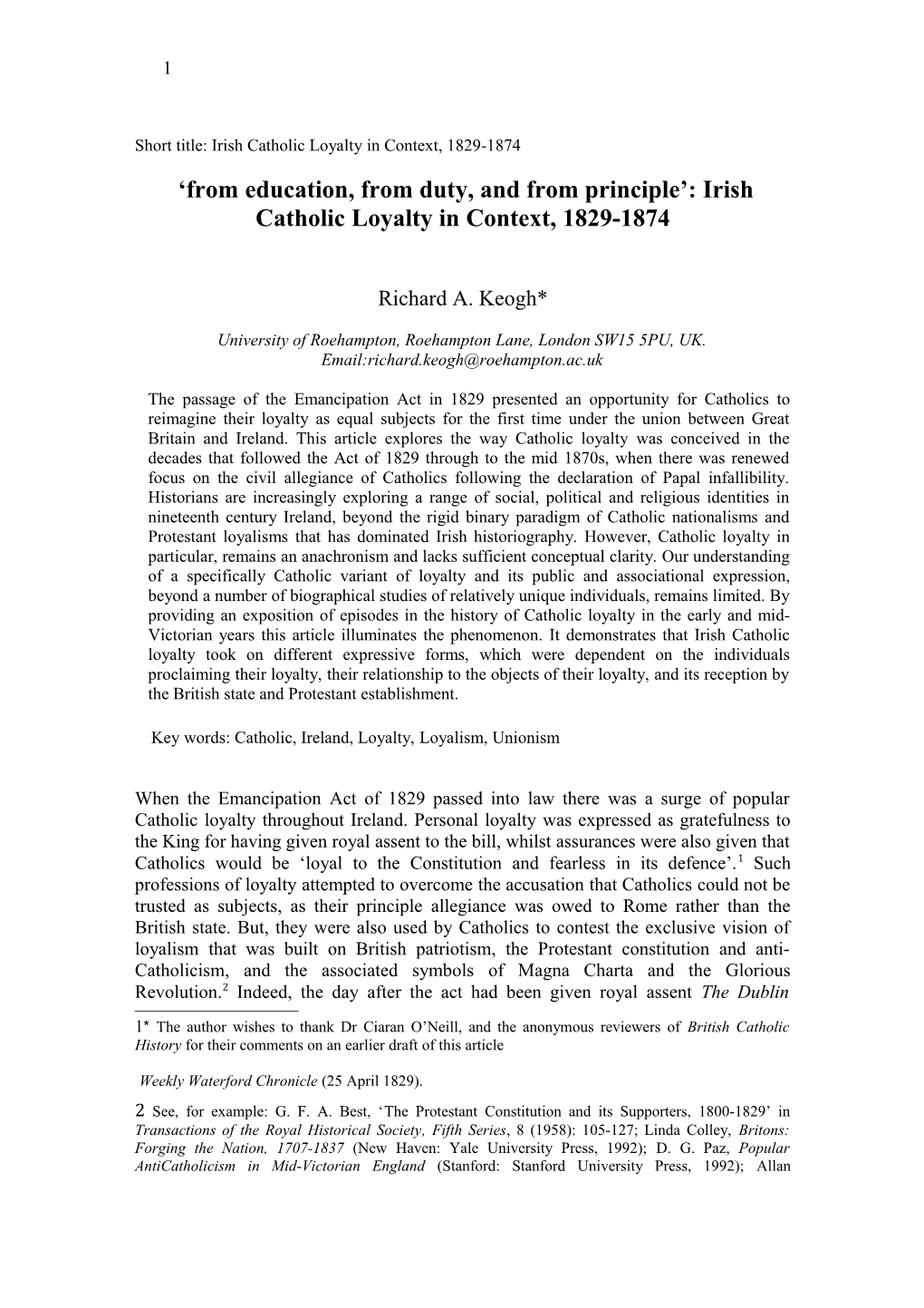 Short Title: Irish Catholic Loyalty in Context, 1829-1874