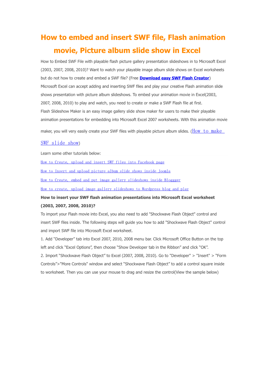 How to Embed and Insert SWF File, Flash Animation Movie, Picture Album Slide Show in Excel