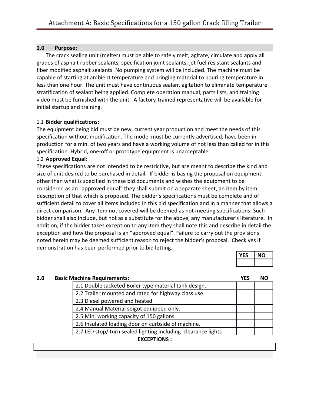 Attachment A: Basic Specifications for a 150 Gallon Crack Filling Trailer