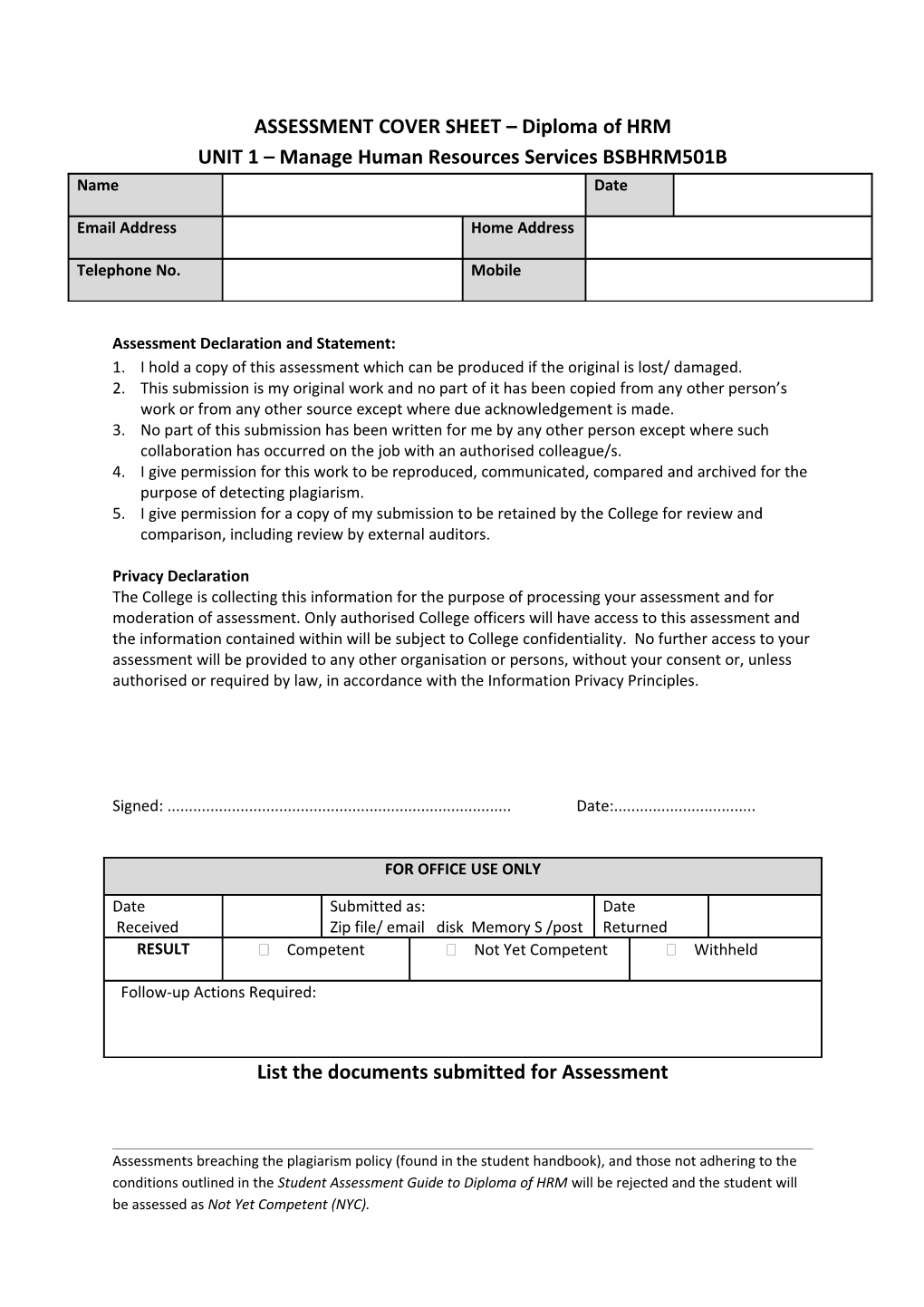 ASSESSMENT COVER SHEET Diploma of HRM