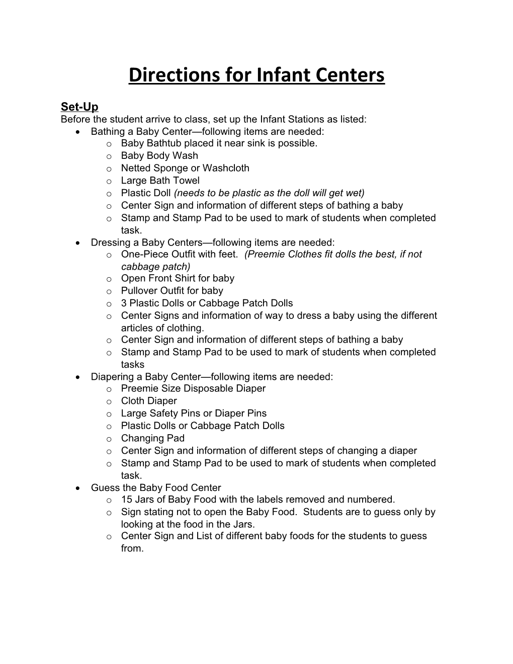 Directions for Infant Centers