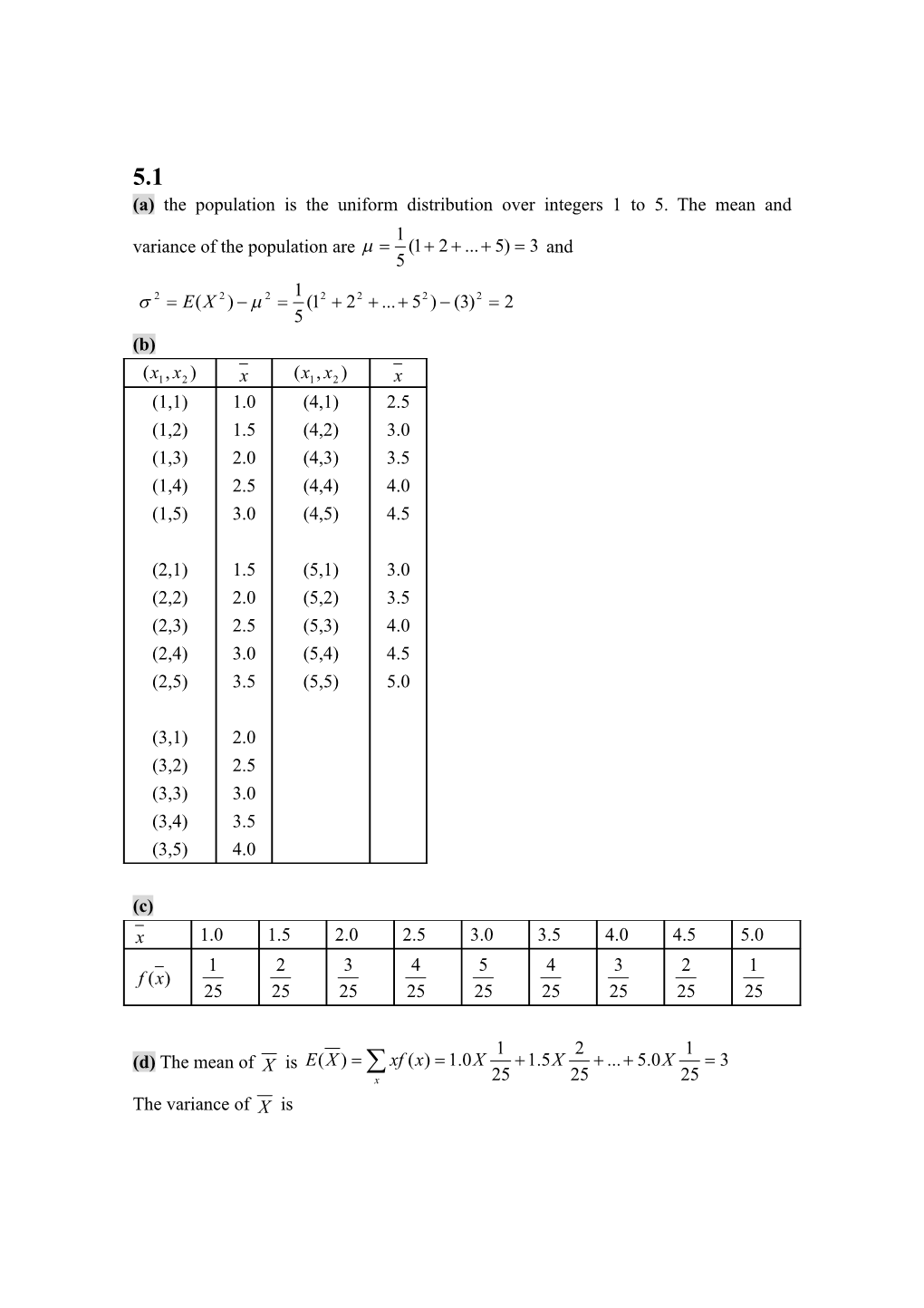 (A) the Population Is the Uniform Distribution Over Integers 1 to 5. the Mean and Variance