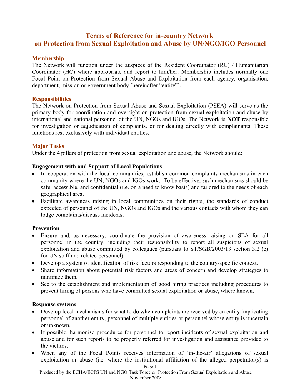 Terms of Reference for In-Country Network