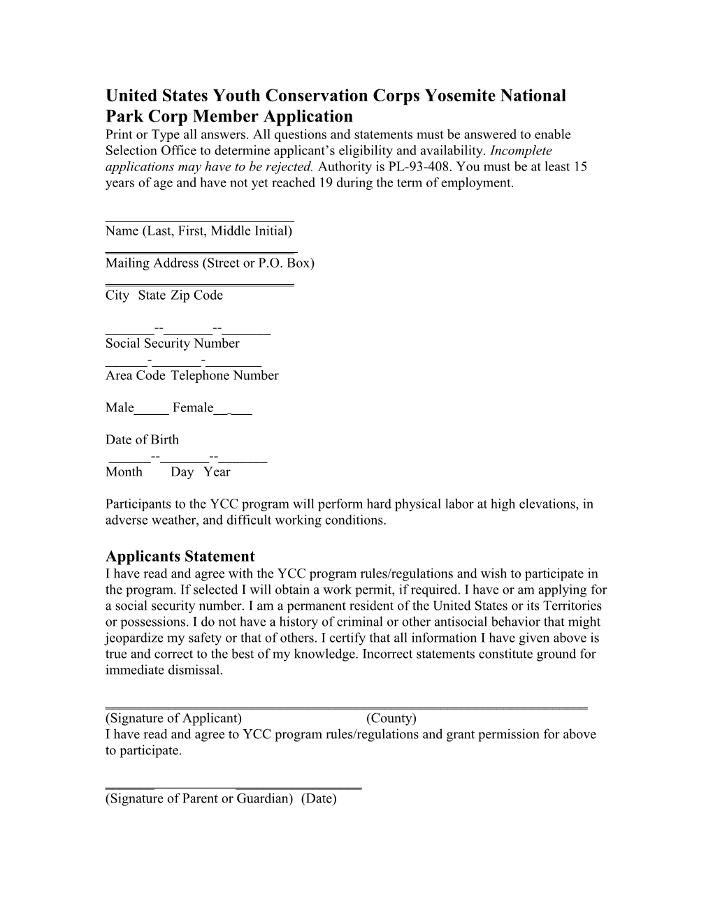 United States Youth Conservation Corps Yosemite National Park Corp Member Application