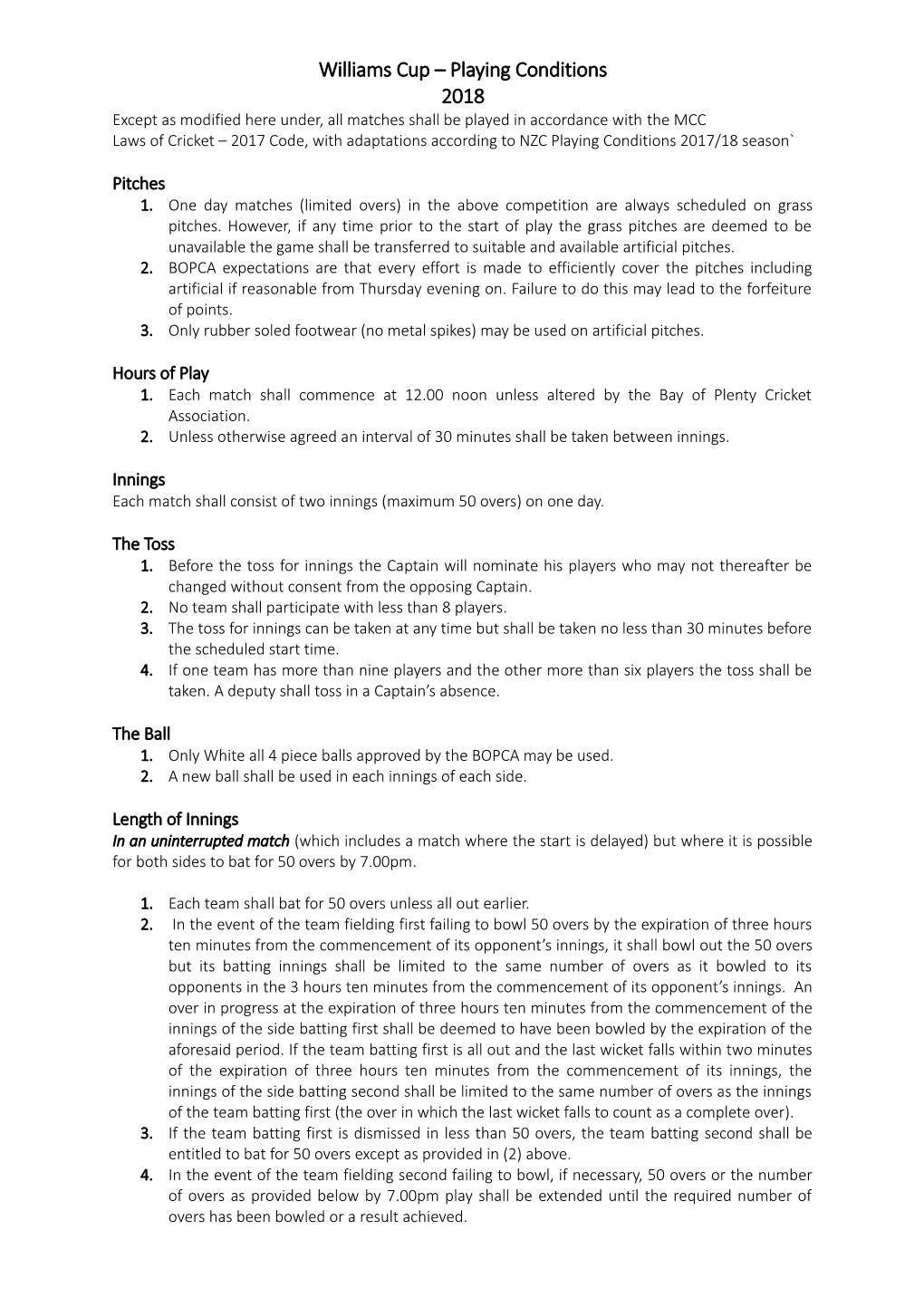 Williams Cup Playing Conditions