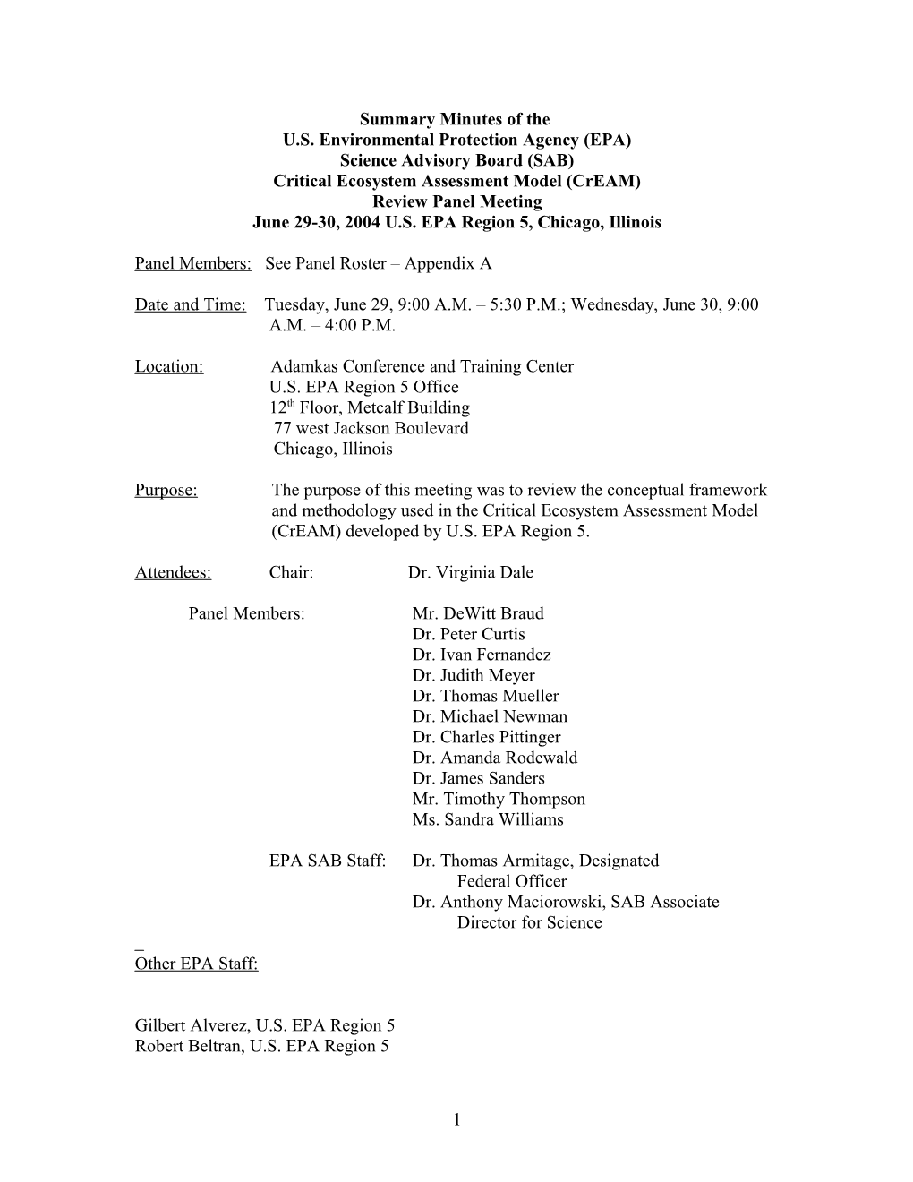 Summary Minutes of the Science Advisory Board Advisory Panel on EPA S