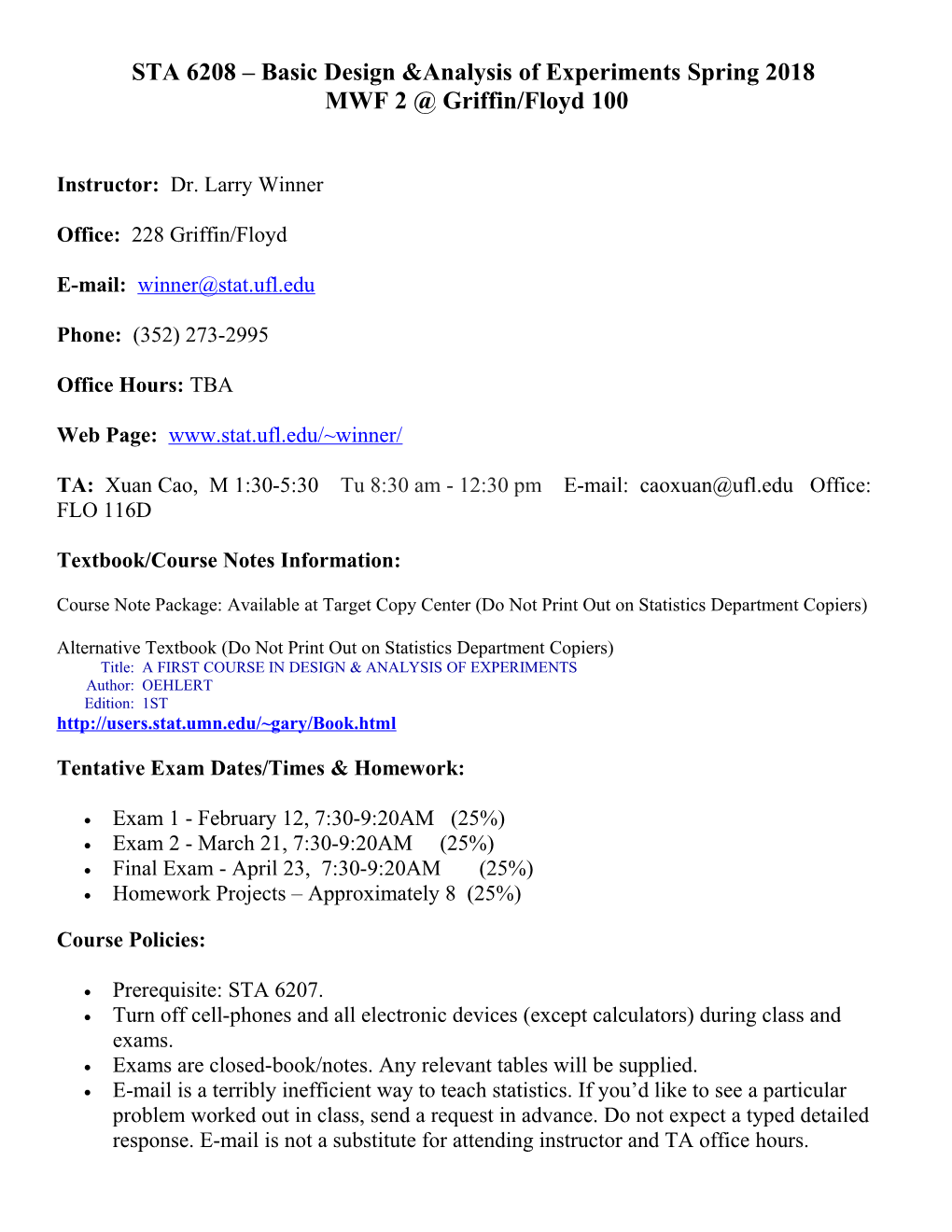 STA 6208 Basic Design &Analysis of Experimentsspring 2018