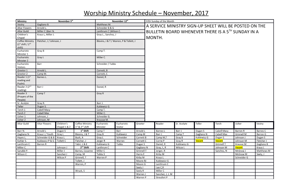 Worship Ministry Schedule November, 2017