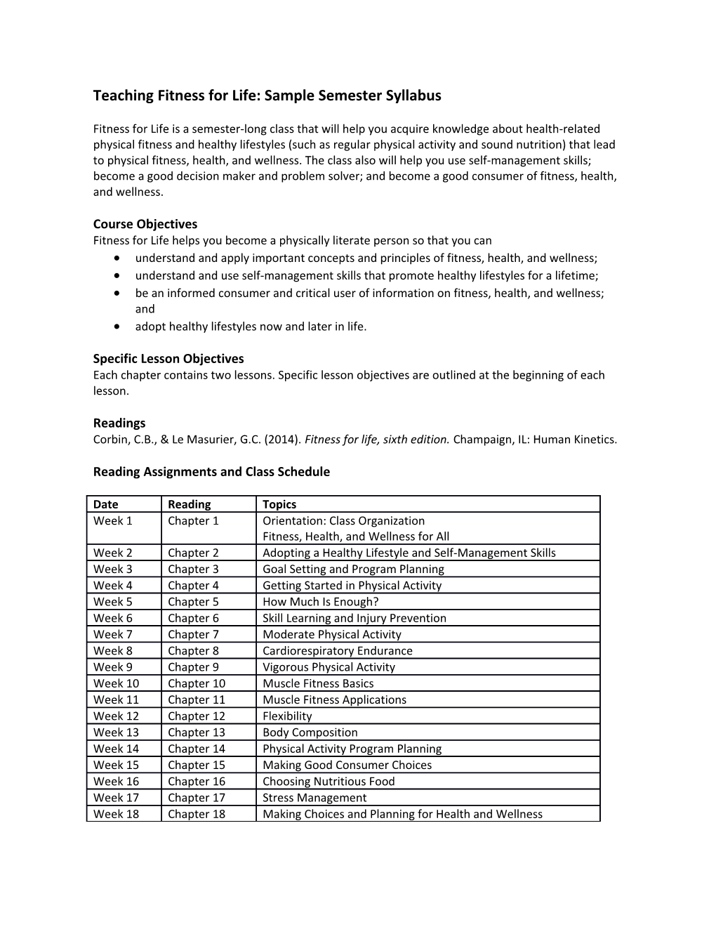 Teaching Fitness for Life:Sample Semester Syllabus