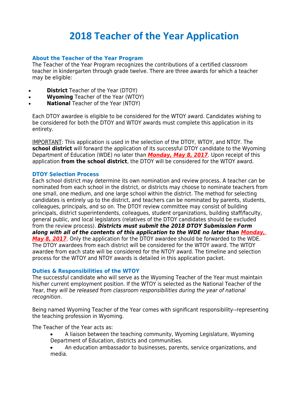 2018 Teacher of the Year Application