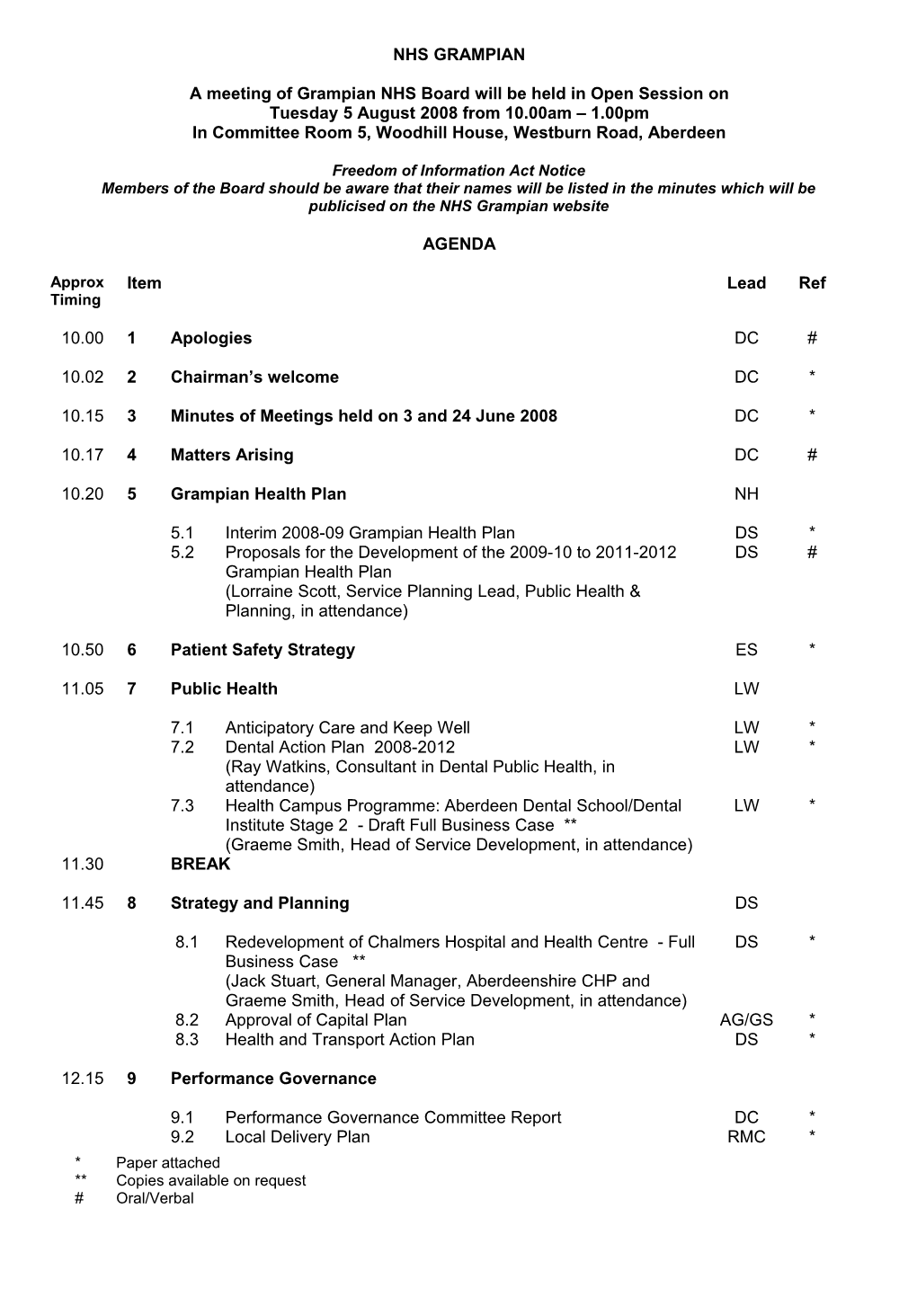 Board Agenda for Meeting Held on 5 August 2008