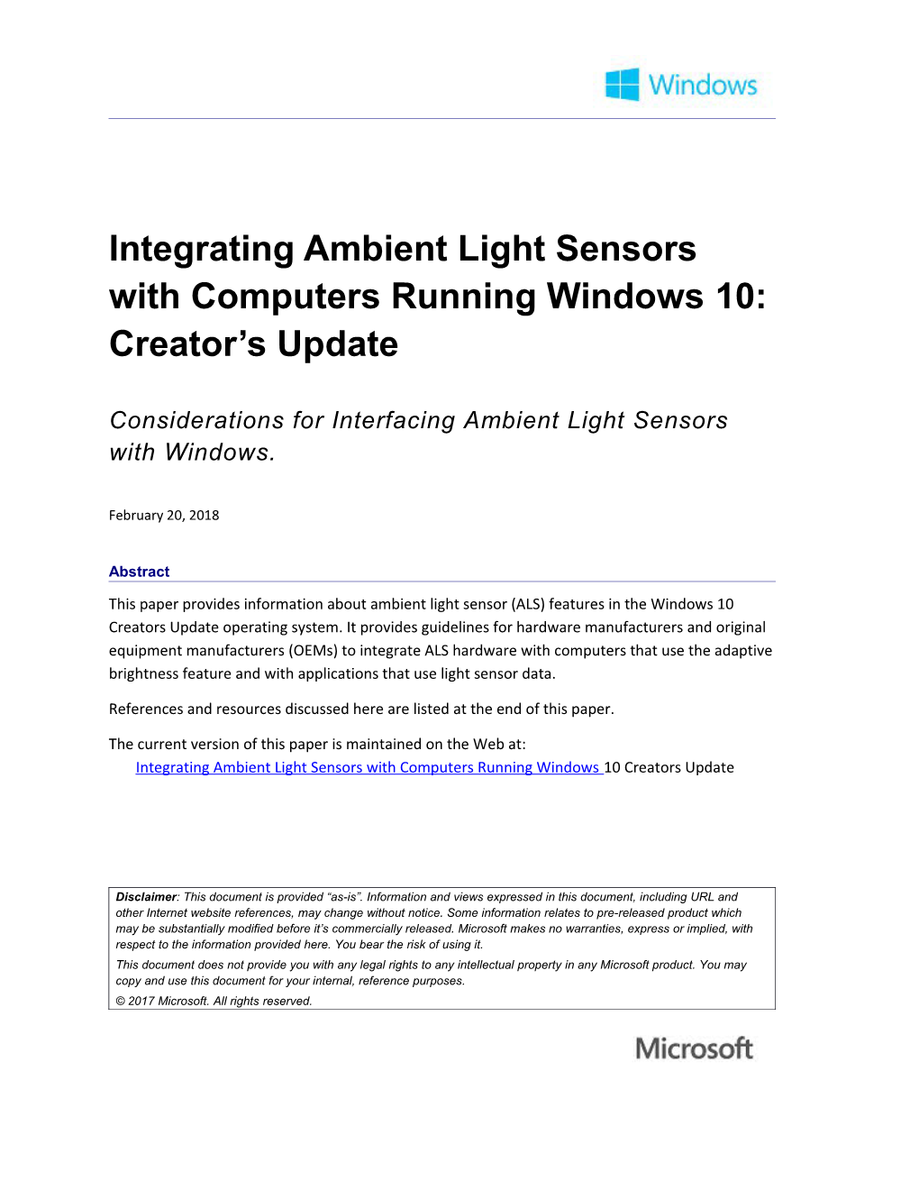 Integrating Ambient Light Sensors with Computers Running Windows 10 Creators Update
