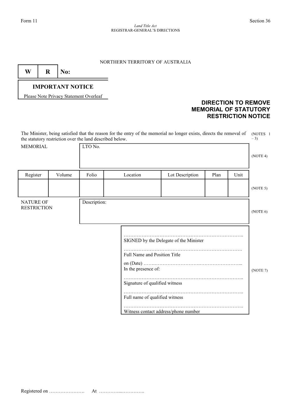 Form No. 11 - Direction to Remove Memorial of Statutory Restriction Notice