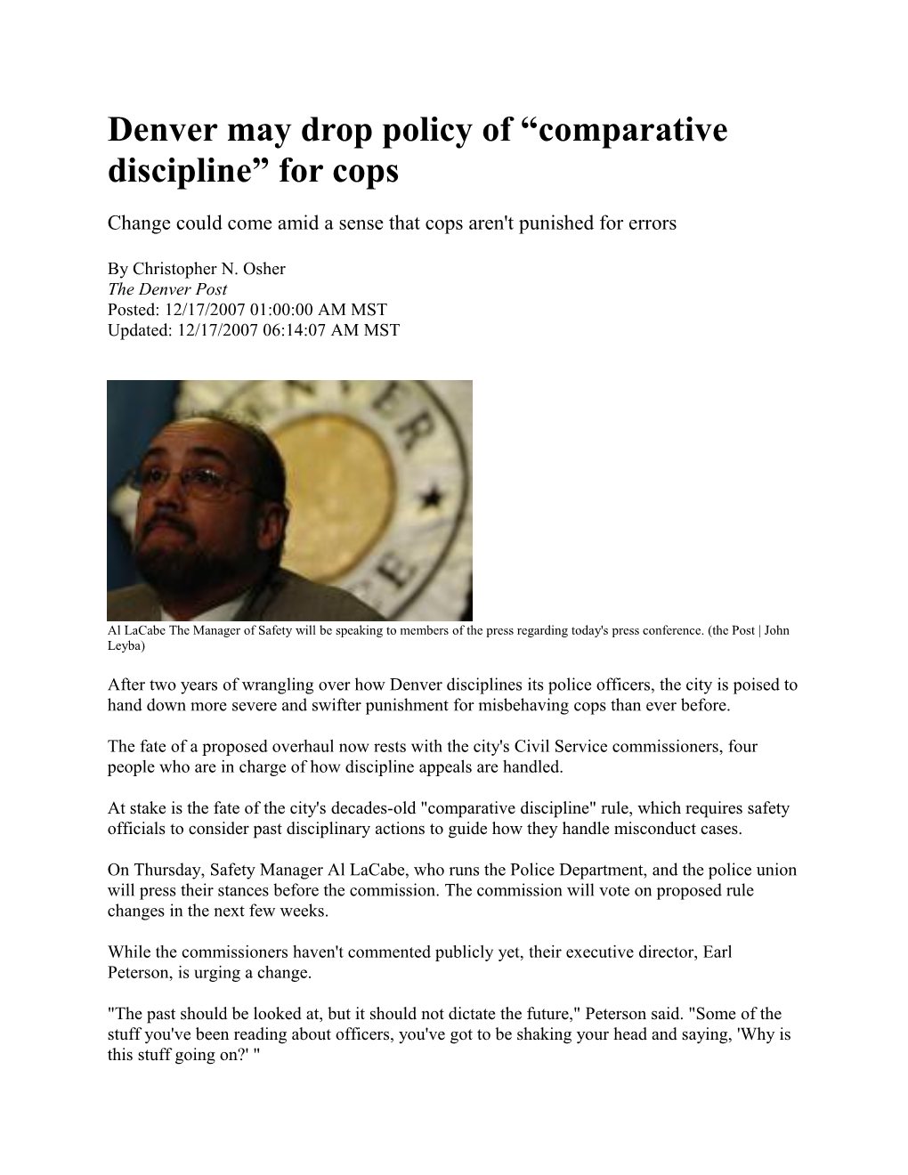 Denver May Drop Policy of Comparative Discipline for Cops