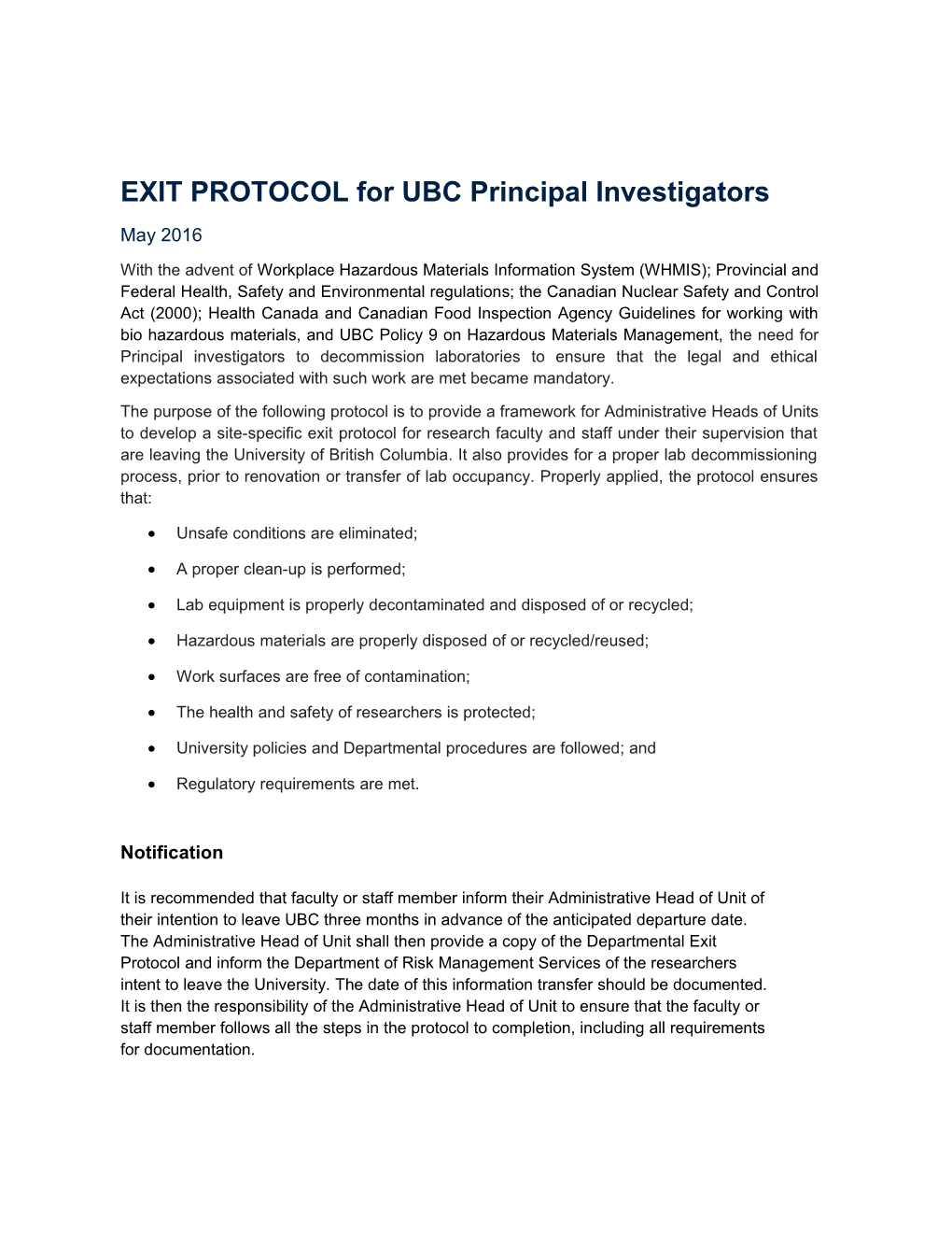 EXIT PROTOCOL for UBC Principal Investigators