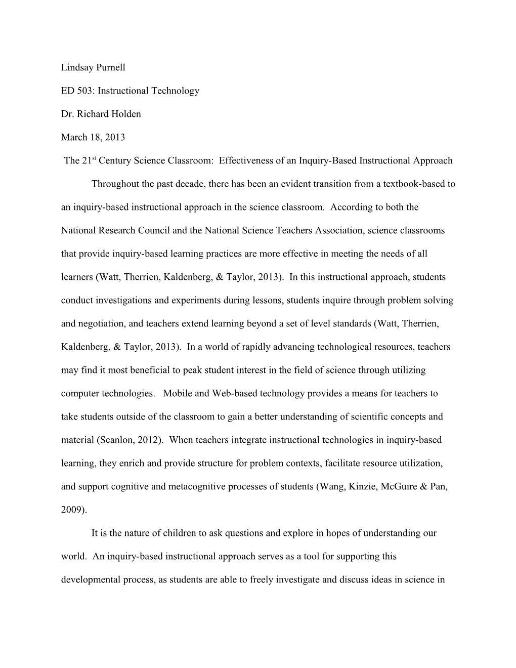 The 21St Century Science Classroom: Effectiveness of an Inquiry-Based Instructional Approach