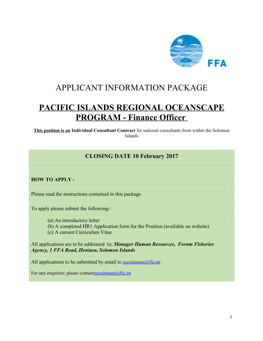 PACIFIC ISLANDS REGIONAL OCEANSCAPE PROGRAM - Finance Officer