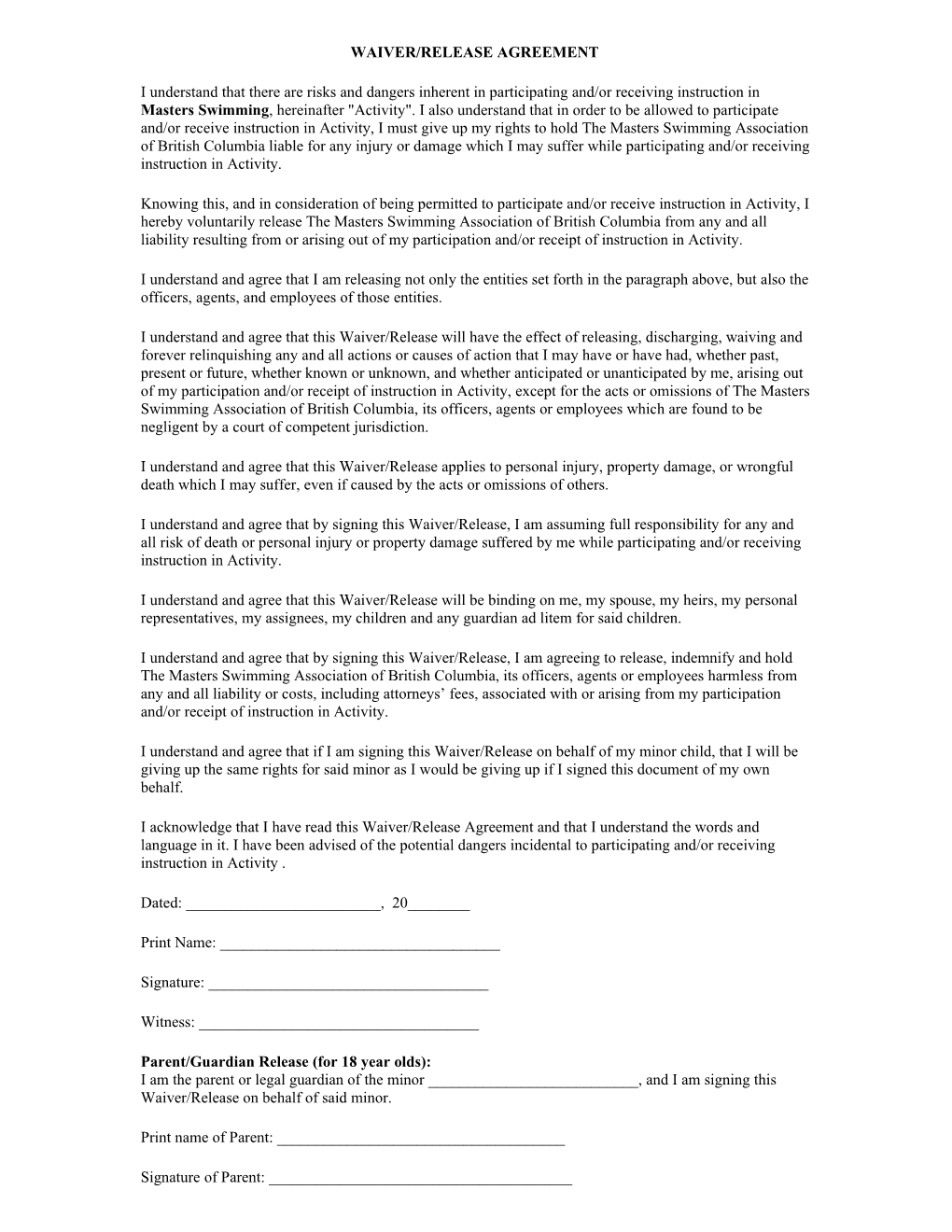 Waiver/Release Agreement