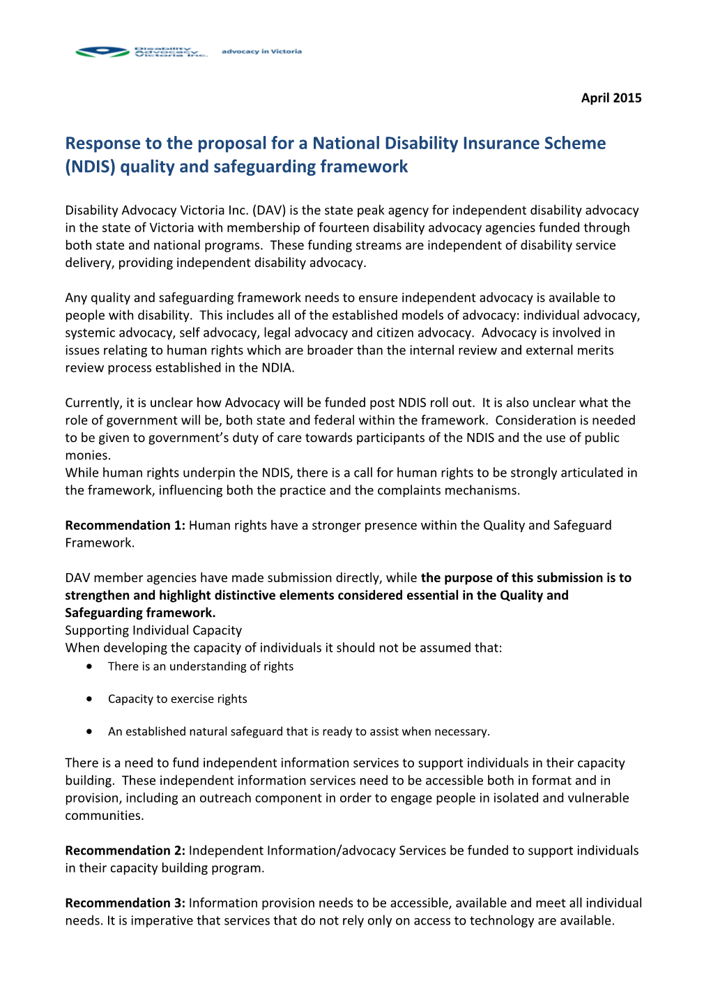 Response to the Proposal for a National Disability Insurance Scheme (NDIS) Quality And