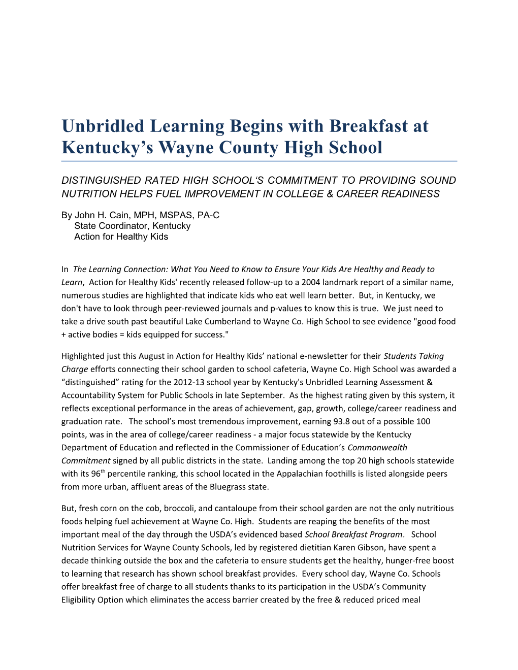 Unbridled Learning Begins with Breakfast at Kentucky S Wayne County High School