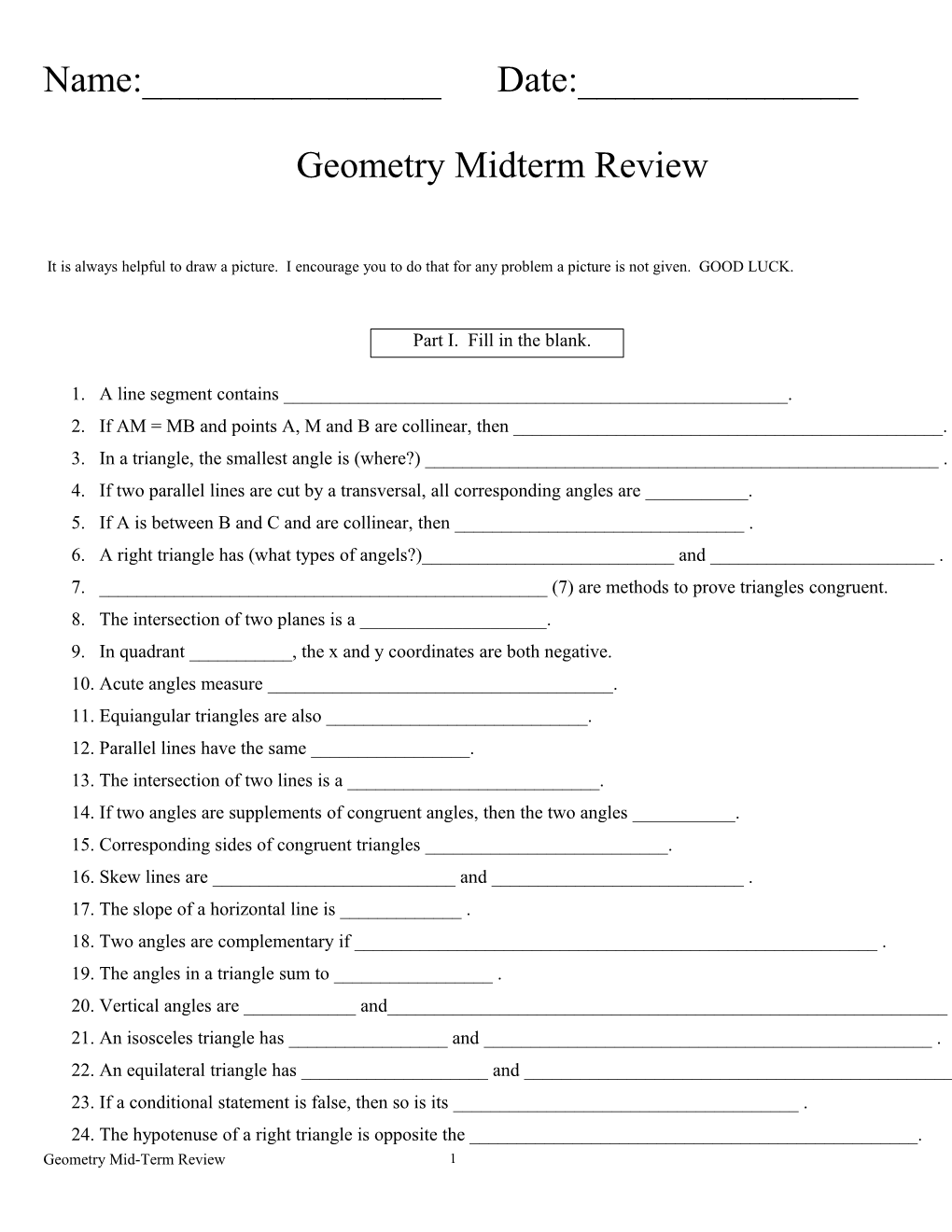 Geometry Semester Exam-Chapters 1-6