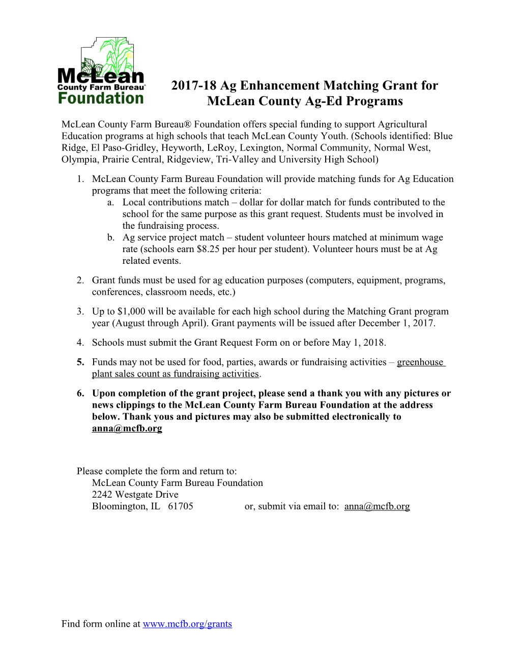 Application for the Mclean County Farm Bureau / FFA Endowment