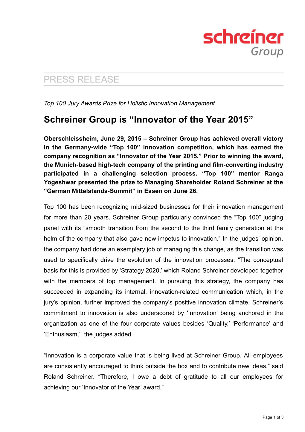 Schreiner Group Is Innovator of the Year 2015