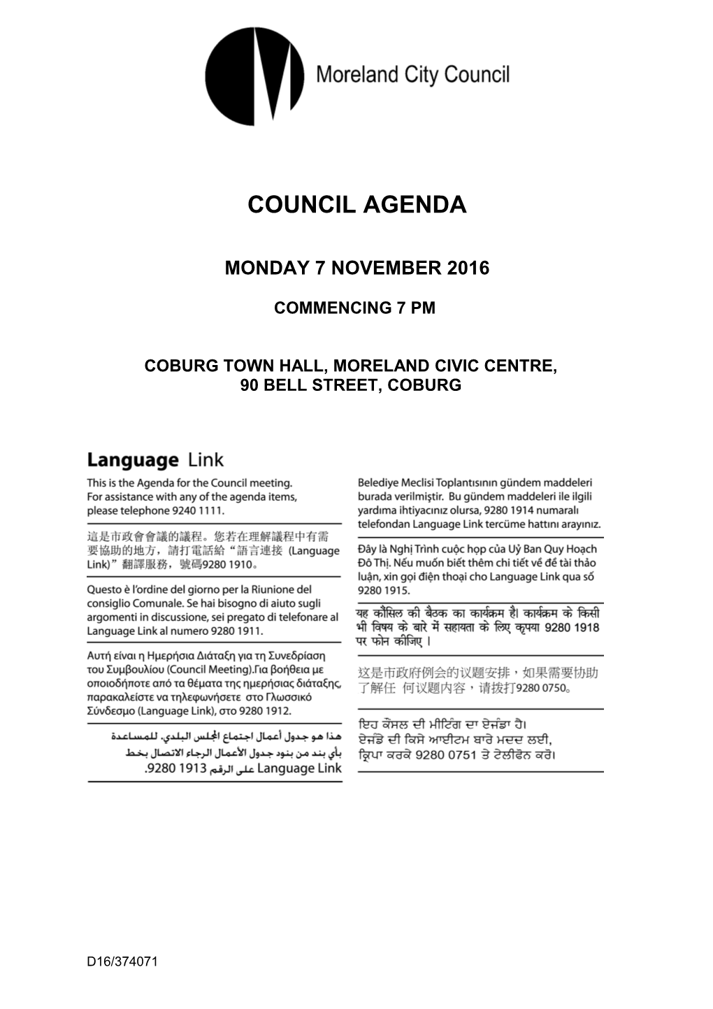 Agenda of Council Meeting - 7 November 2016