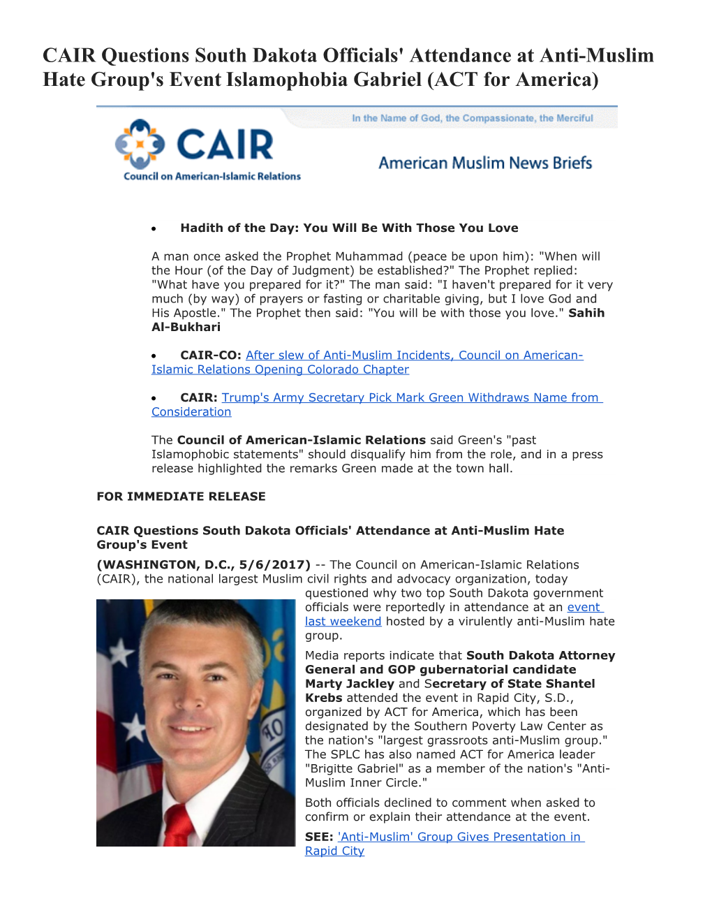 CAIR Questions South Dakota Officials' Attendance at Anti-Muslim Hate Group's Event
