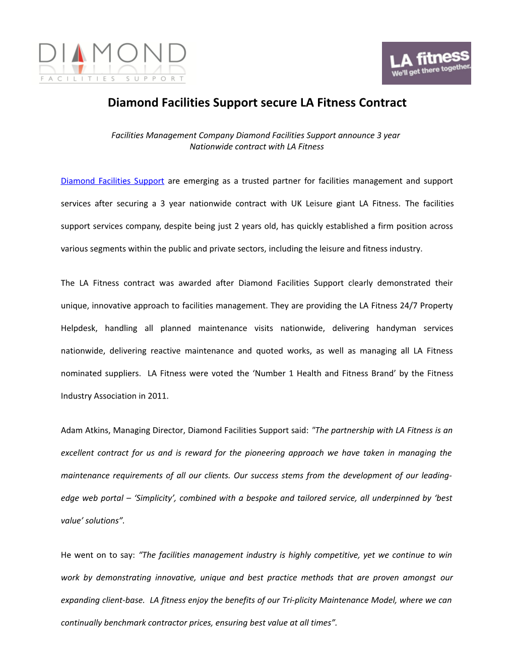 Diamond Facilities Support Secure LA Fitness Contract