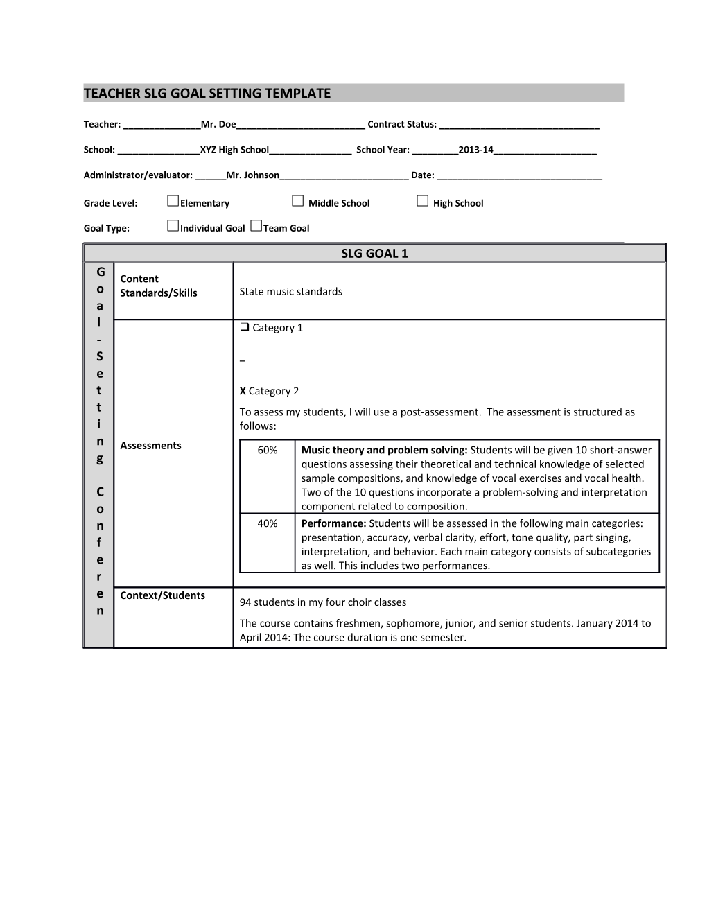 Teacher Slg Goal Setting Template