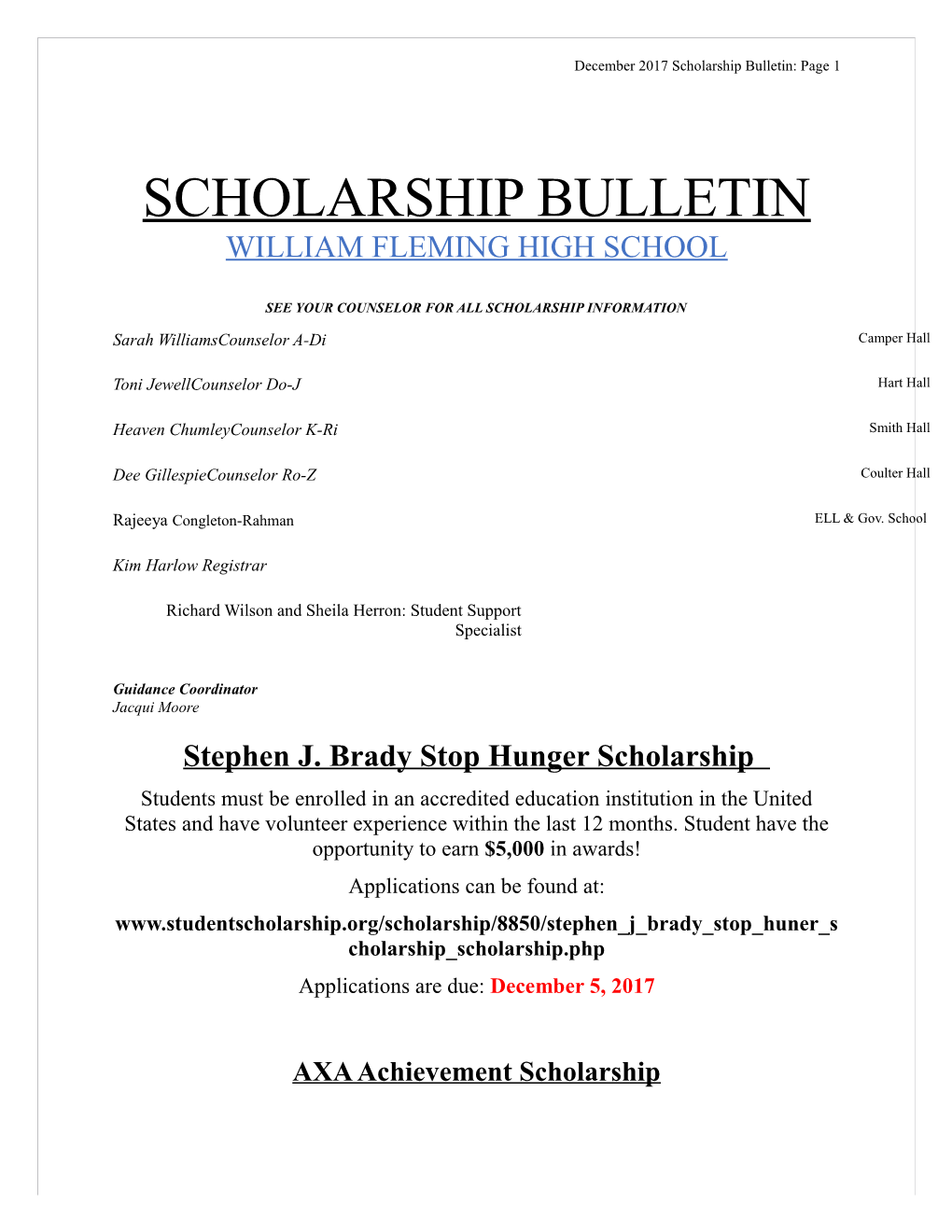 December 2017 Scholarship Bulletin: Page 1