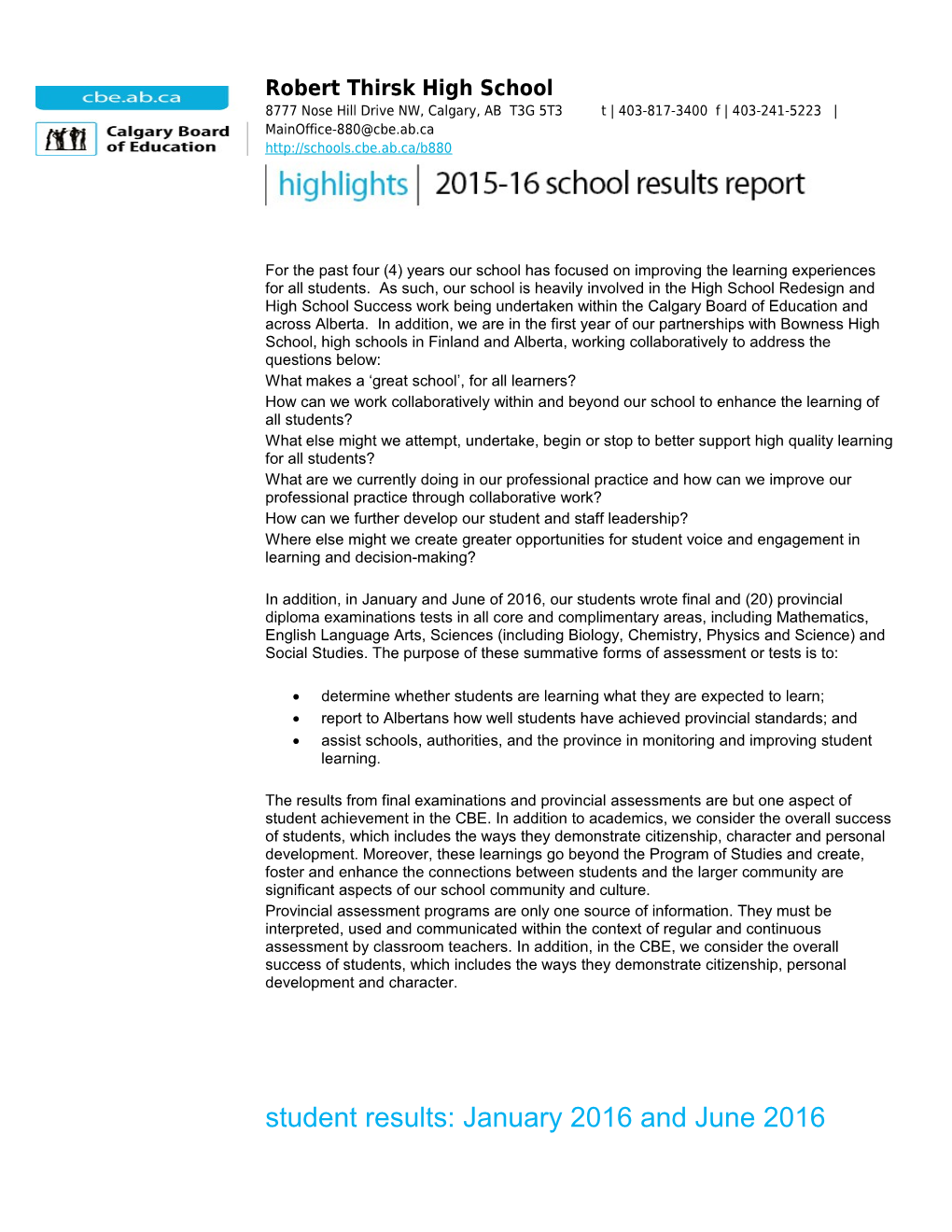 School Results Report All Schools