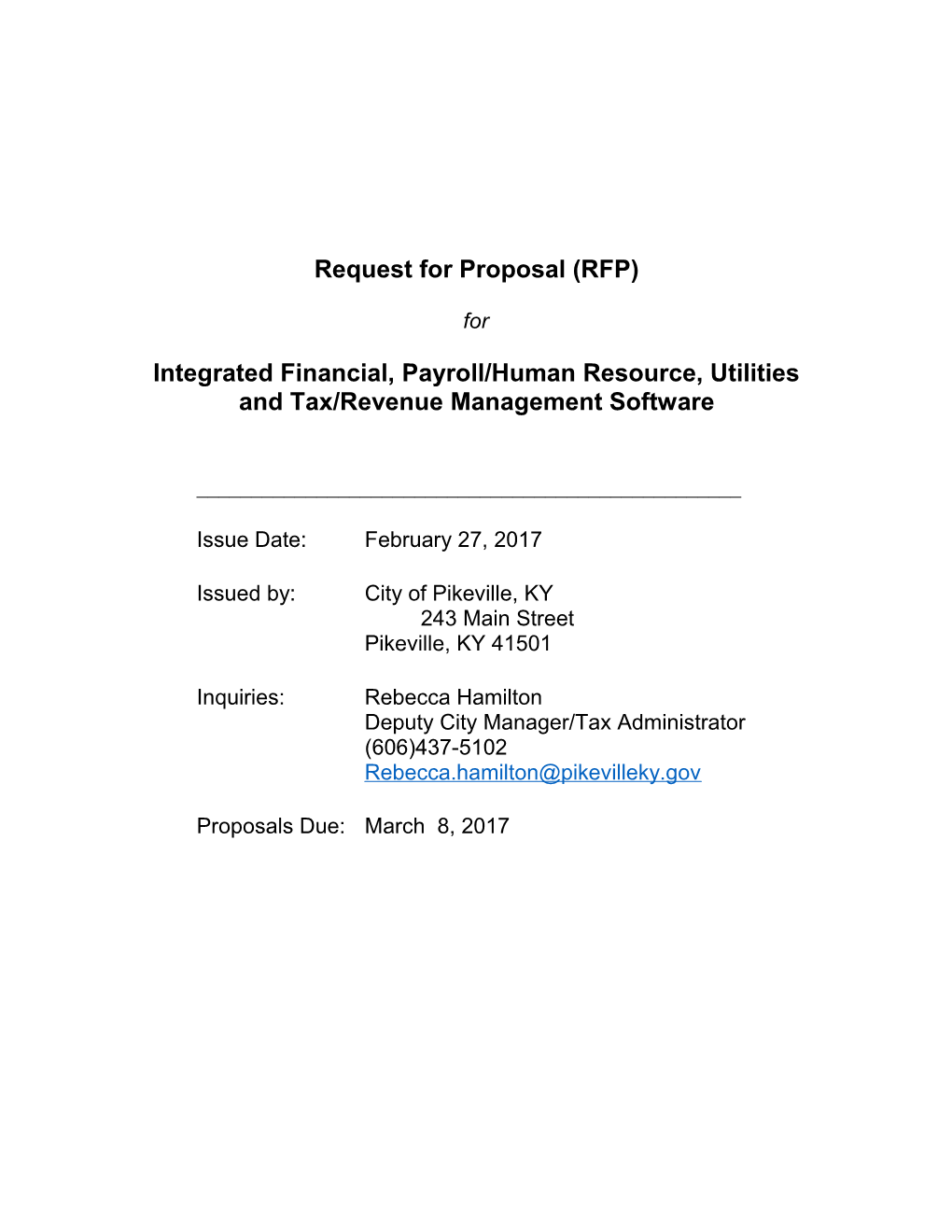 City of Pikeville, KY Request for Proposal (RFP)