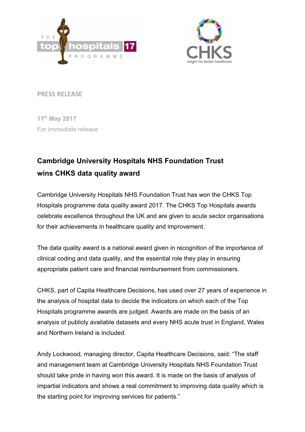 Cambridge University Hospitals NHS Foundation Trust Wins CHKS Data Quality Award