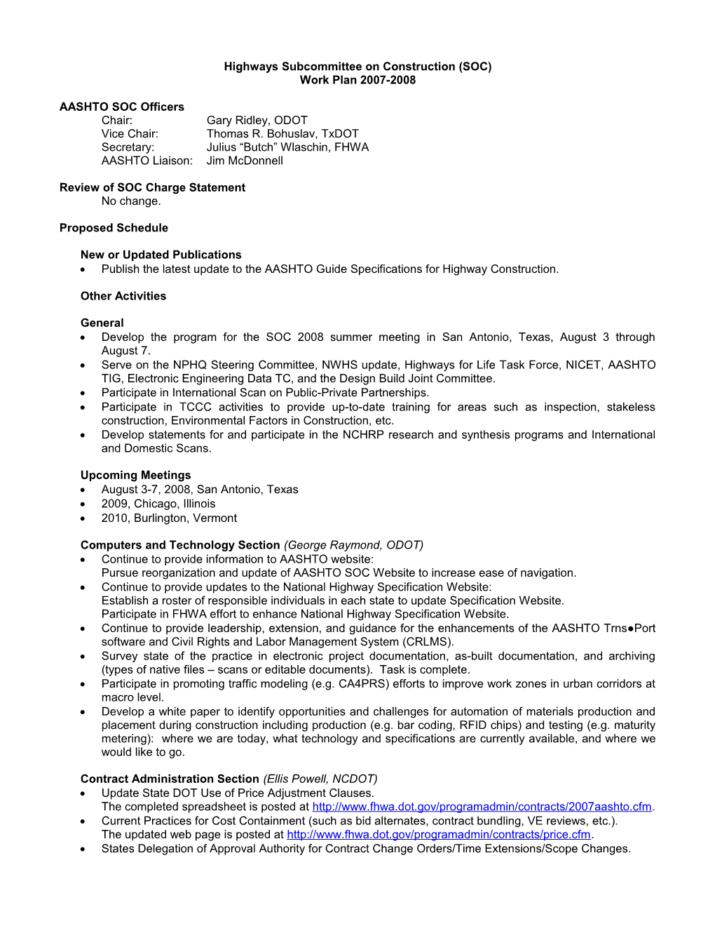 SCOH Subcommittee Work Plan