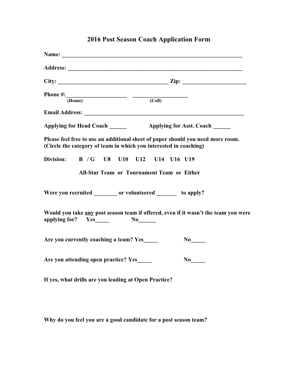 All Star Coach Application Form