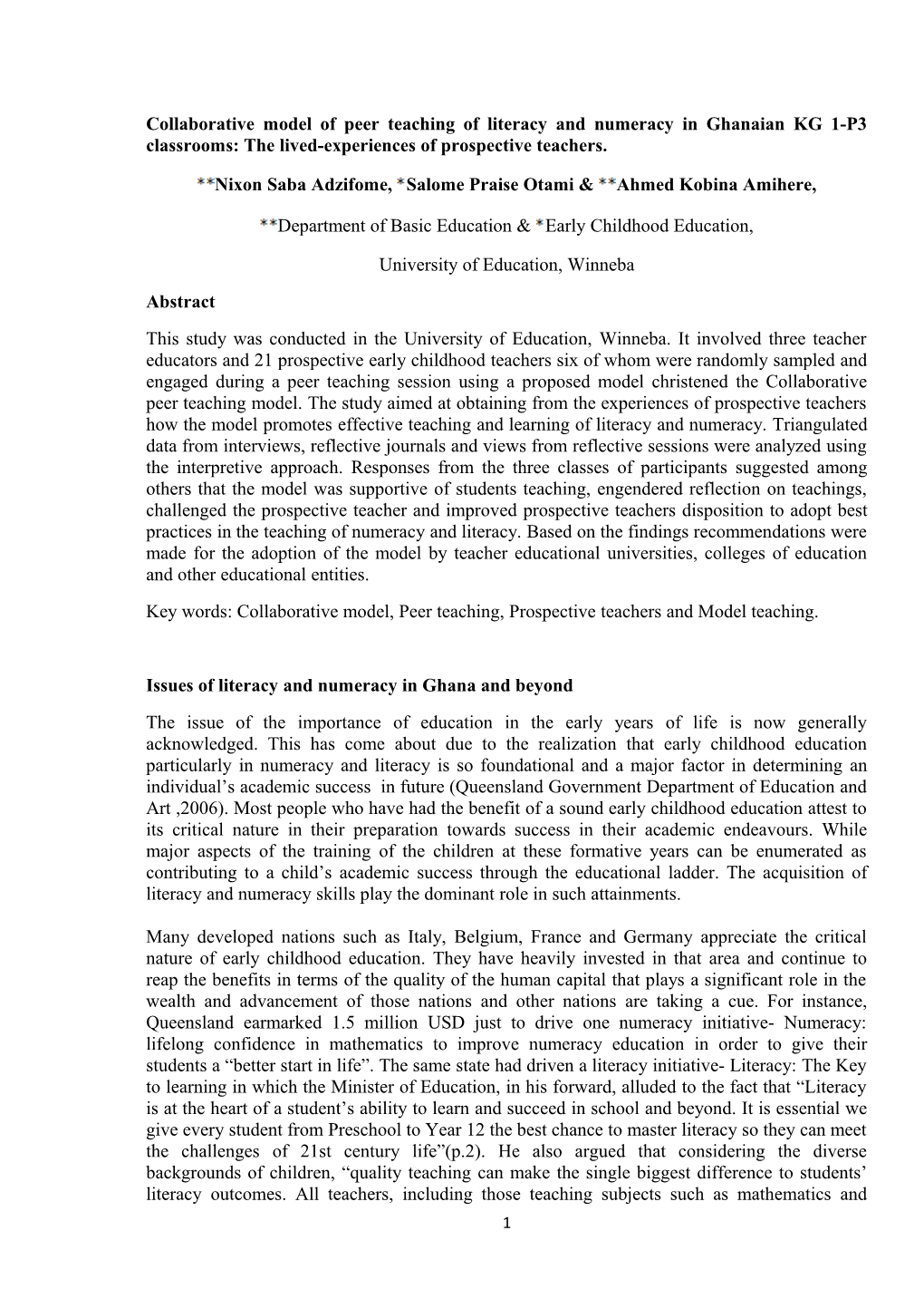 Collaborative Model of Peer Teaching of Literacy and Numeracy in Ghanaian KG 1-P3 Classrooms