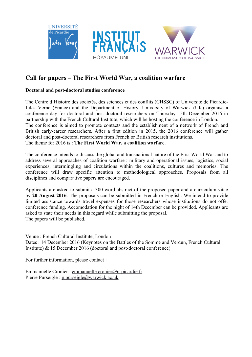 Call for Papers the First World War, a Coalition Warfare