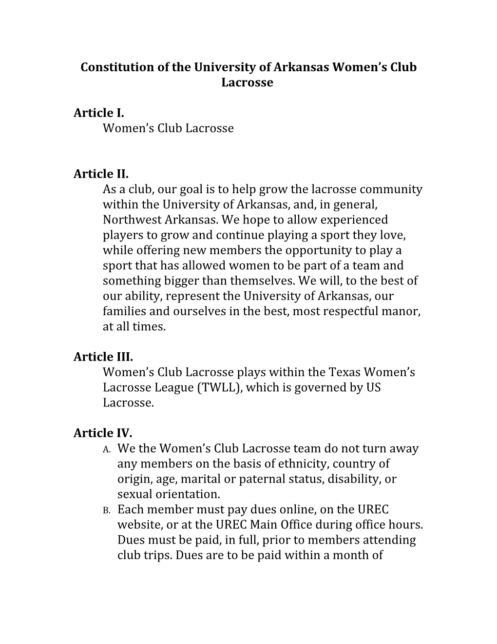 Constitution of the University of Arkansas Women S Club Lacrosse