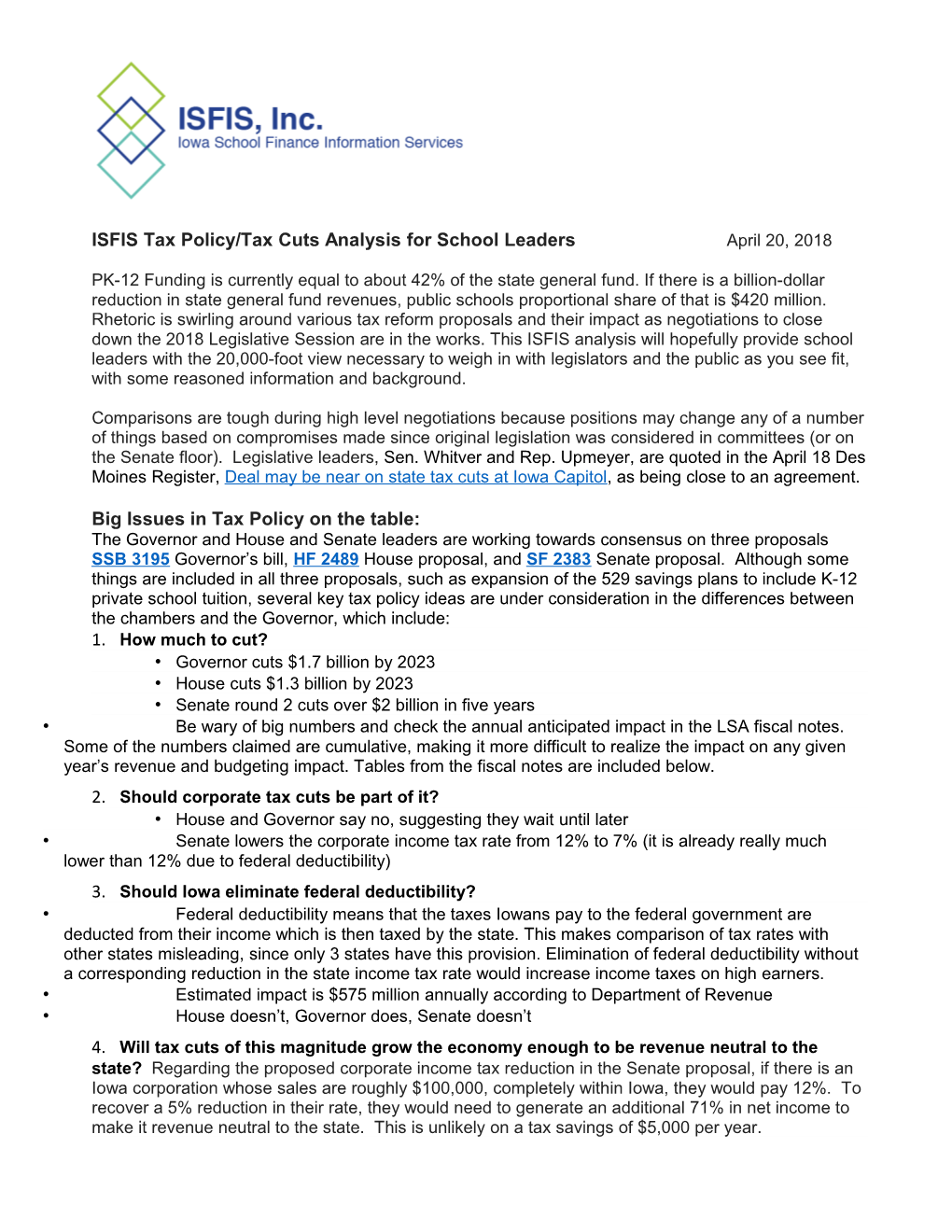 ISFIS Tax Policy/Tax Cuts Analysis for School Leaders April 20, 2018