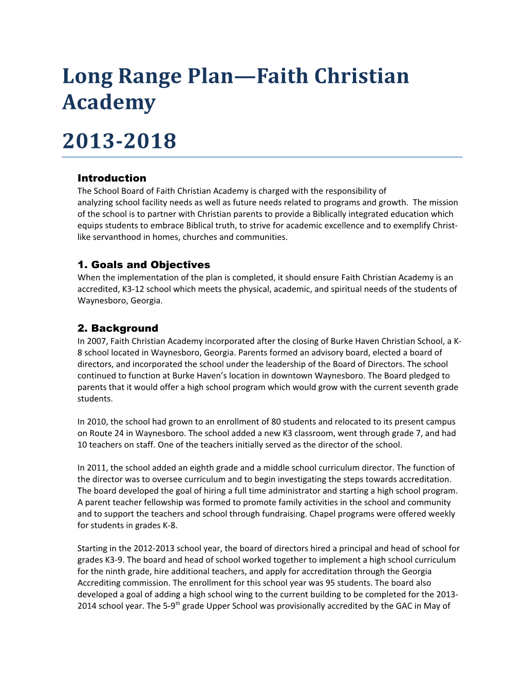 Long Range Plan Faith Christian Academy