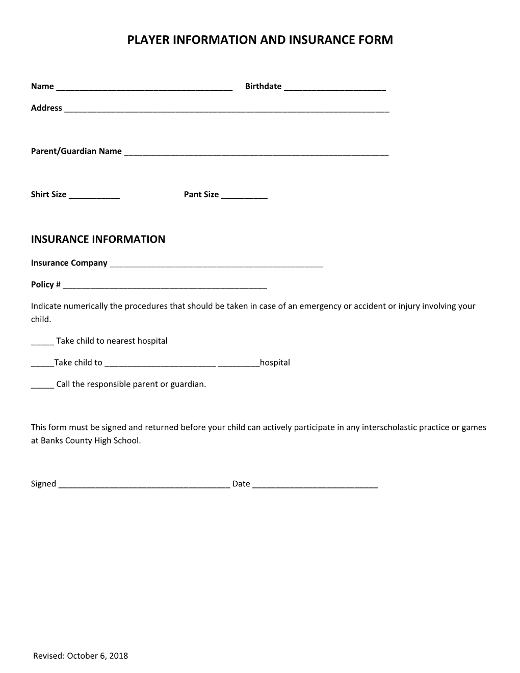 Player Information and Insurance Form