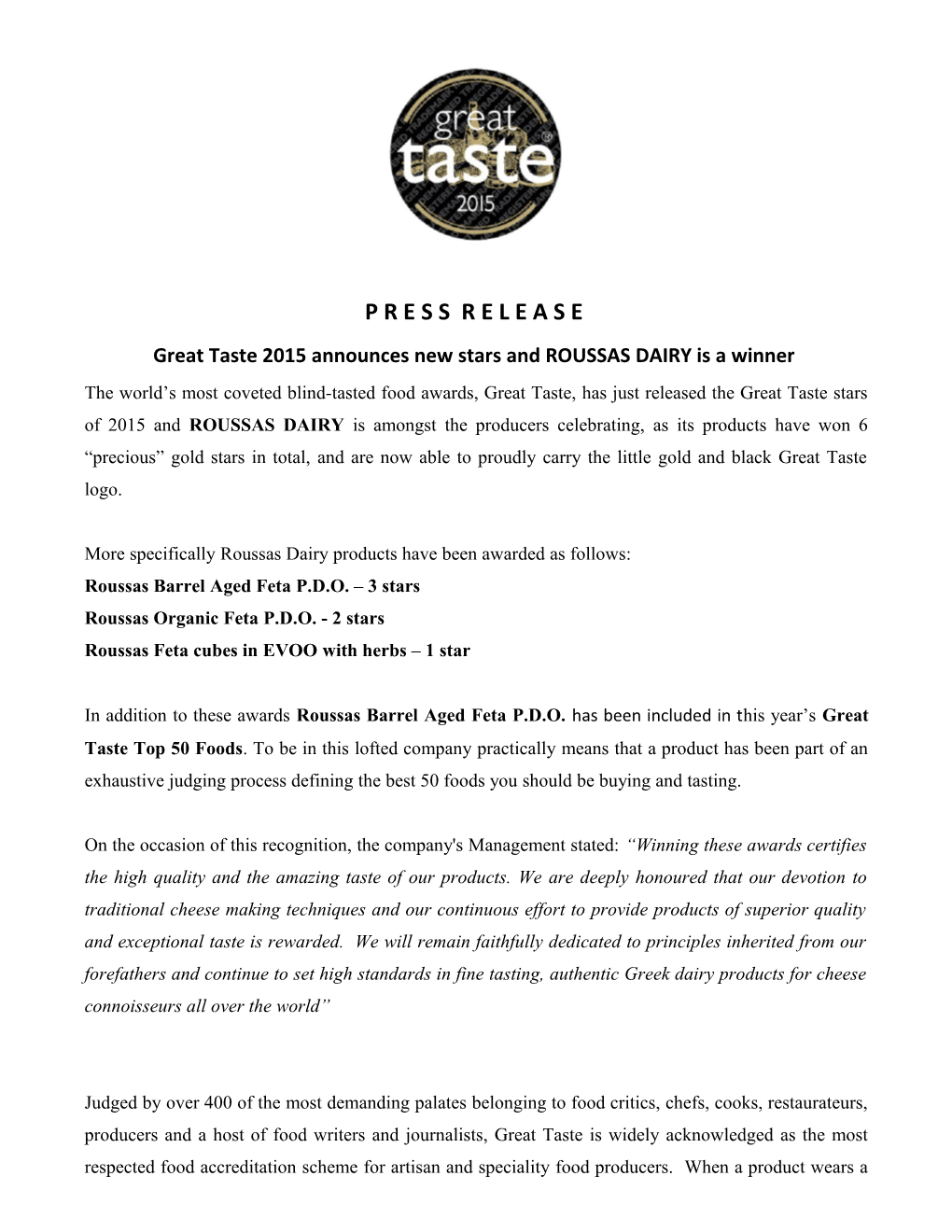 Great Taste 2015Announces New Stars and ROUSSAS DAIRY Is a Winner